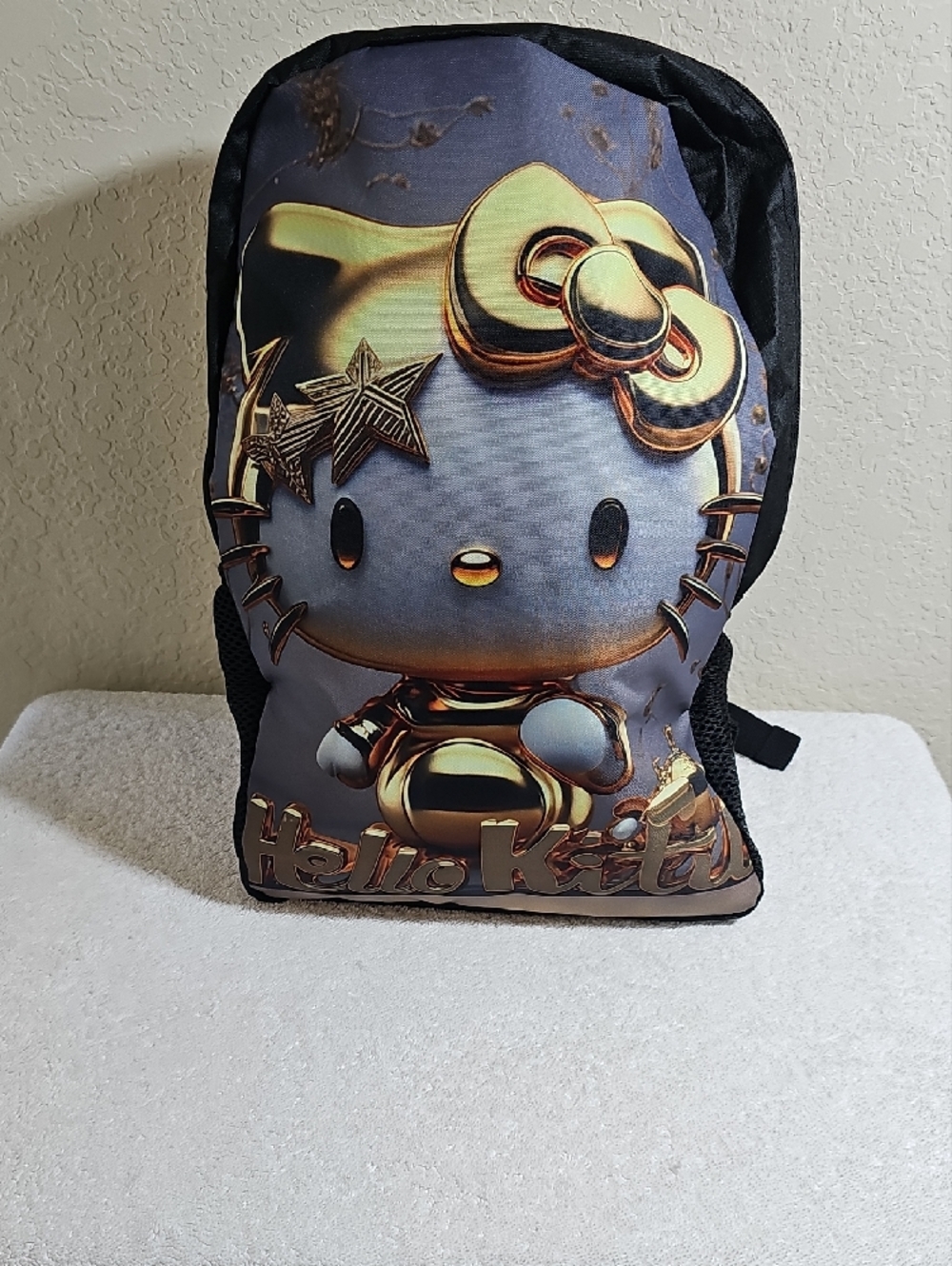 New Sanrio Gilded Hello Kitty Gold and Black Metallic Print Backpack - Picture 3 of 9